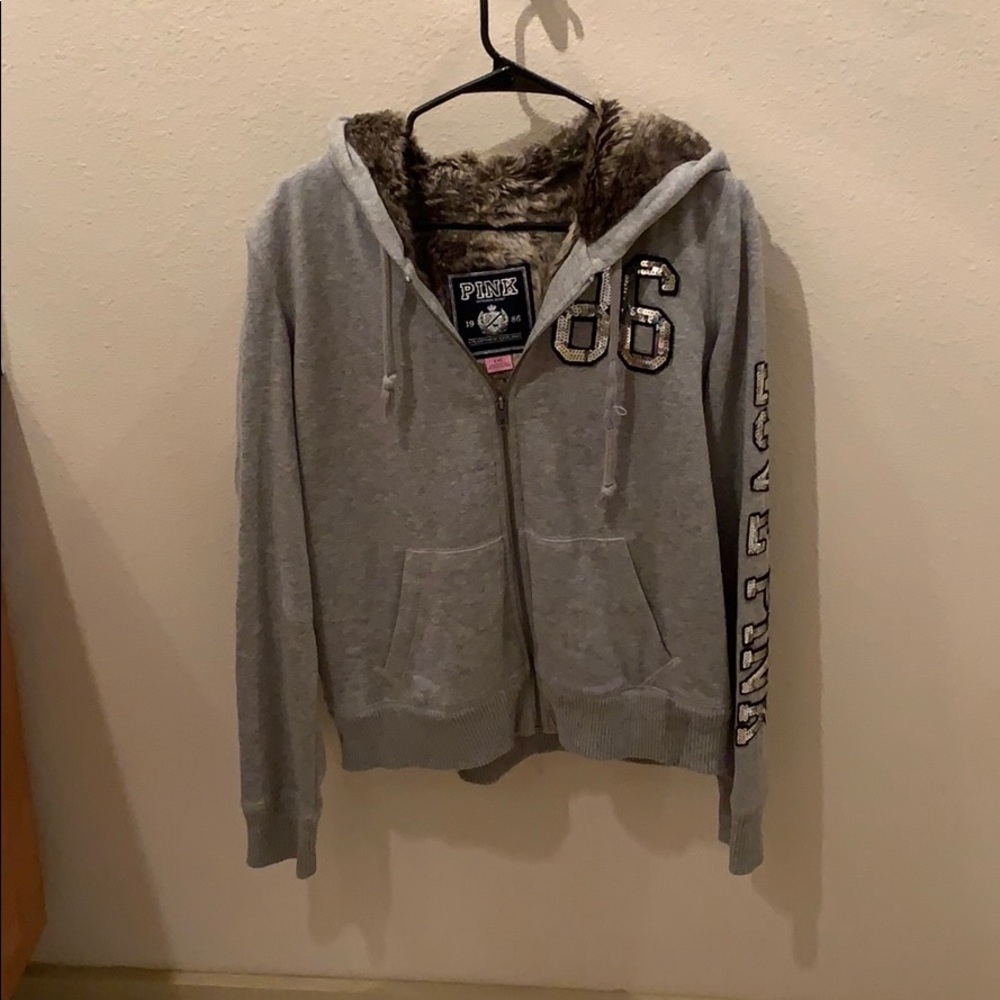 Pink faux fur line zip up jacket